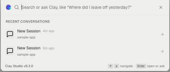 Recent conversations in the Clay Studio command palette.