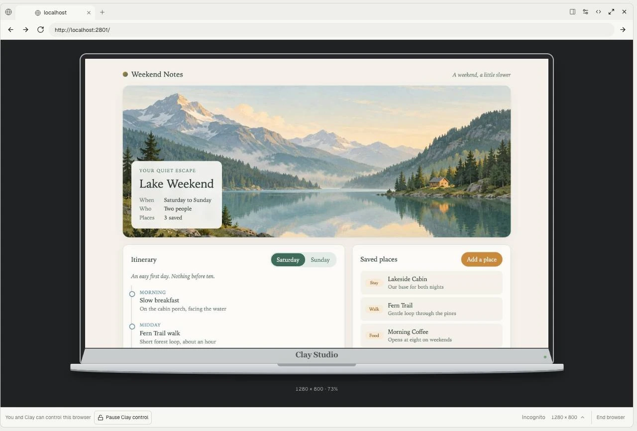 The working Weekend Notes demo app open in Clay Studio's built-in Browser, with shared control and viewport controls.