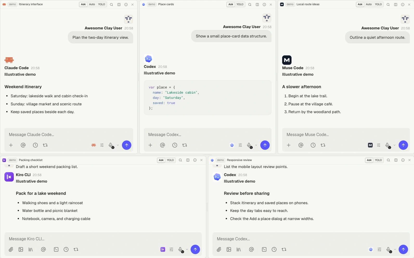 Illustrative five-pane Clay Studio Grid layout with sample conversations labelled Claude Code, Codex, Muse Code, Kiro CLI, and a second Codex pane.