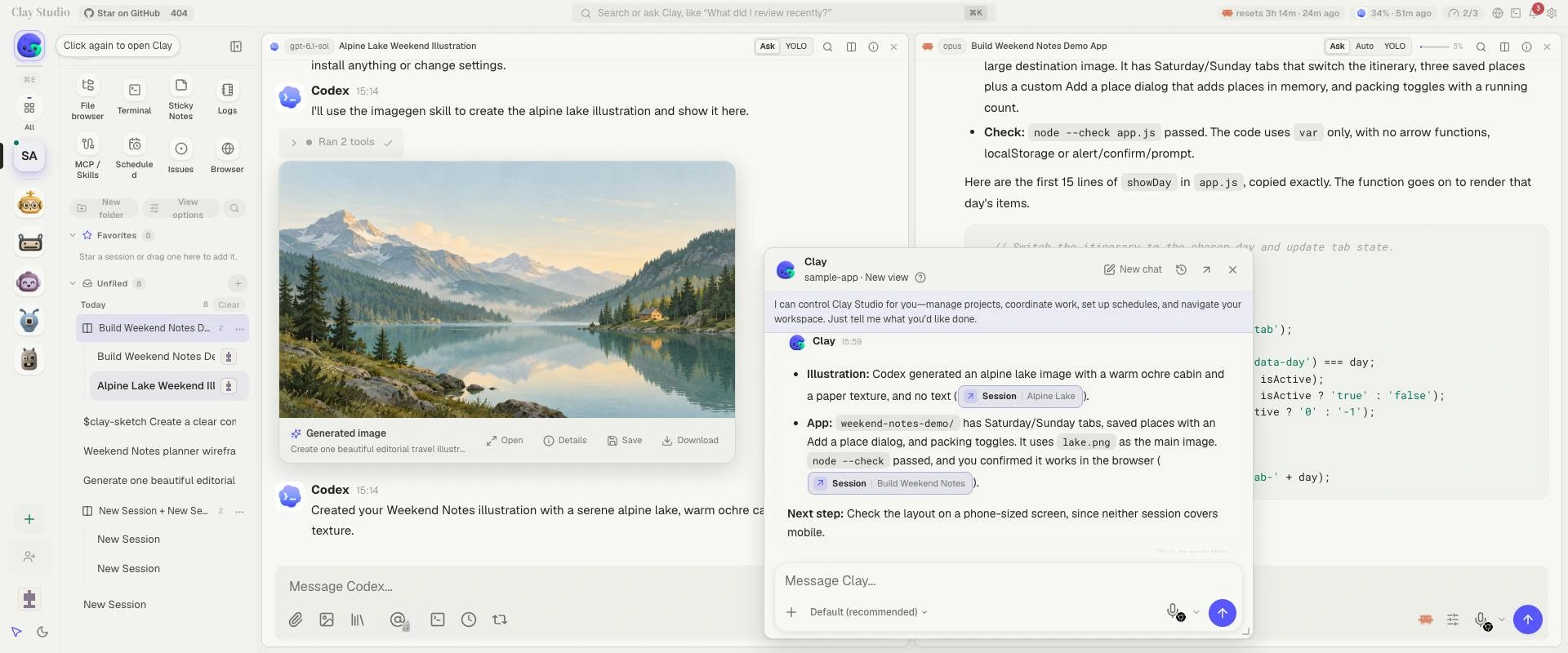 The full Clay Studio workspace with Codex's generated alpine-lake illustration, Claude Code's Weekend Notes implementation, and a floating Clay conversation summarizing both sessions.